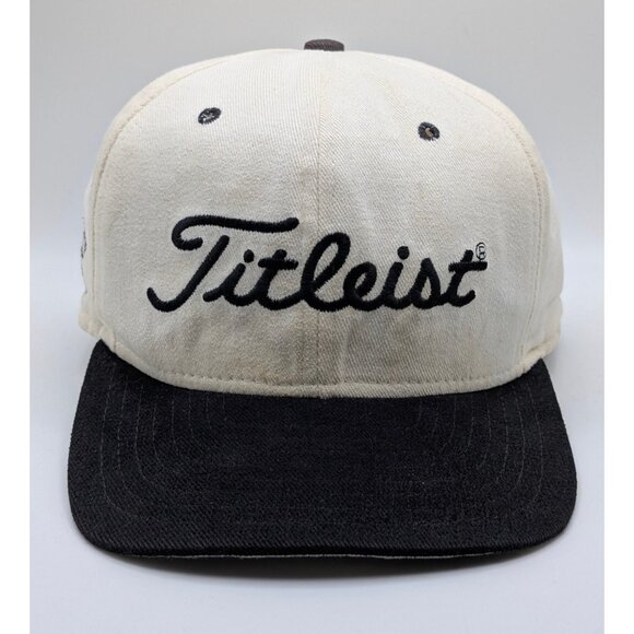 Vintage New Era Titleist Shaker Run Leather Strap Back Hat White Black VTG USA - Picture 2 of 7